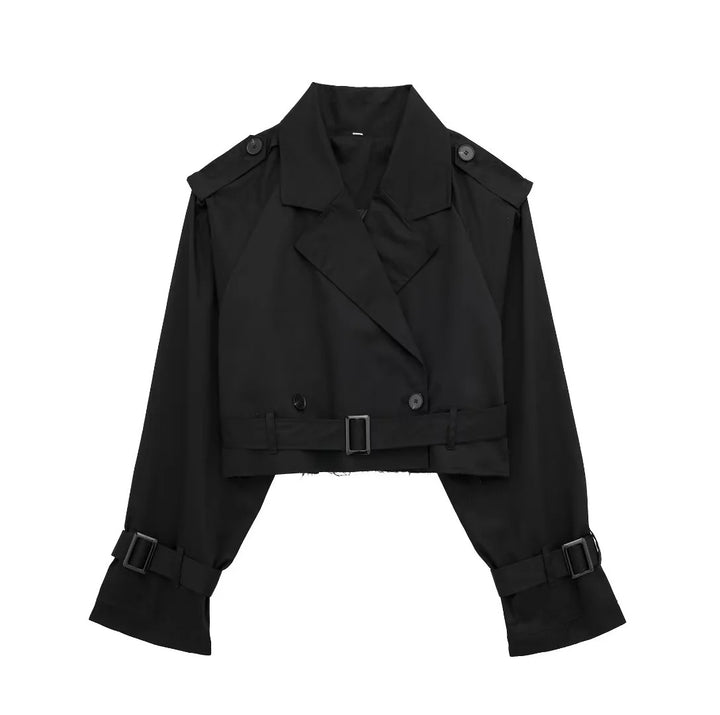 Damen kurzgeschnittene Trenchjacke mit Epauletten, Taillengürtel und verstellbaren Manschetten Drune