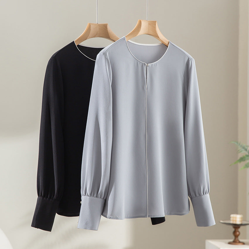 Damen Elegante seidenähnliche Bluse mit Kontrastpaspel und verlängerten Manschetten Drune