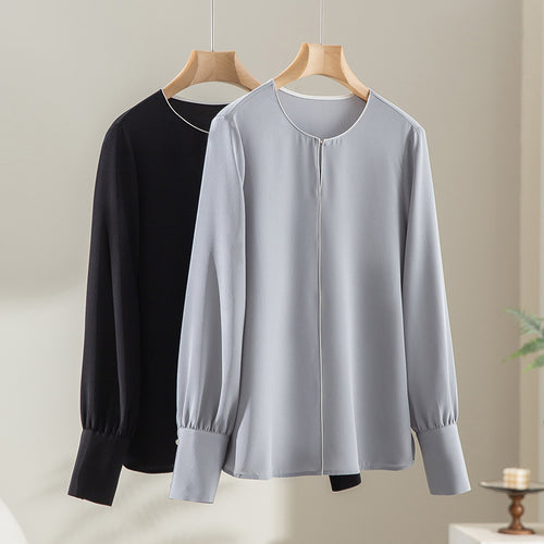 Damen Elegante seidenähnliche Bluse mit Kontrastpaspel und verlängerten Manschetten Drune