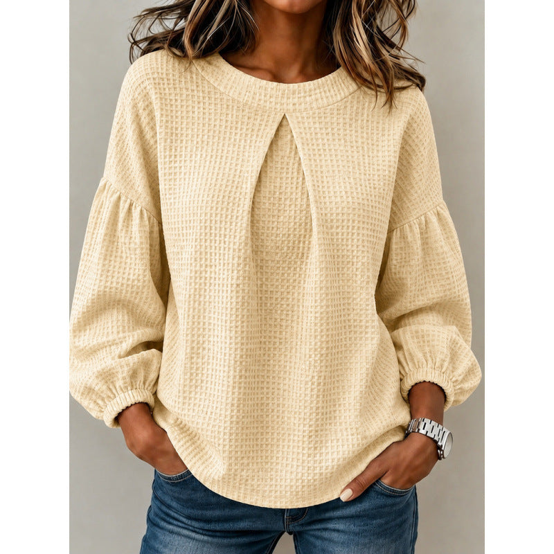 Damen Lockeres Waffelstrick-Sweatshirt mit Vorderfalte und Ballonärmeln Drune
