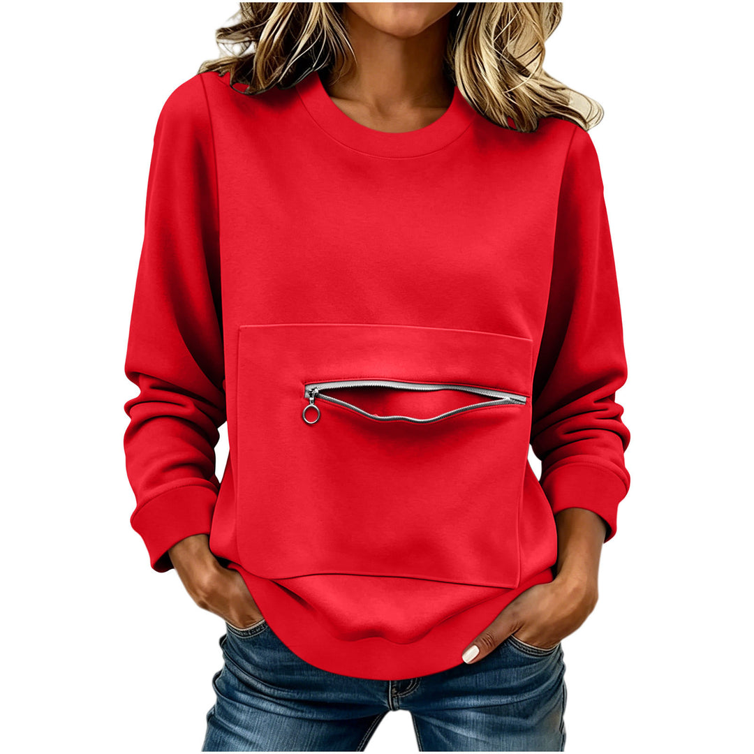 Damen nan locker geschnittenes Sweatshirt mit Frontreißverschlusstasche und Rundhalsausschnitt Drune