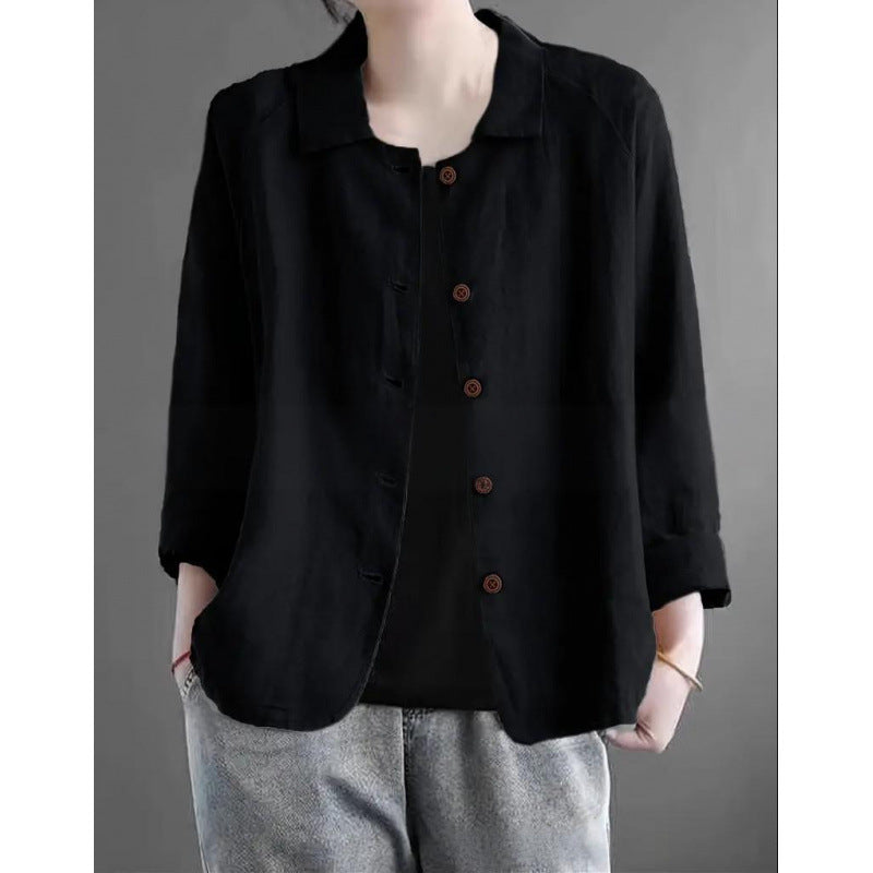 Damen Leichte Leinenoptik-Bluse mit lockerer Passform, 3/4-Ärmeln und Knopfleiste Drune