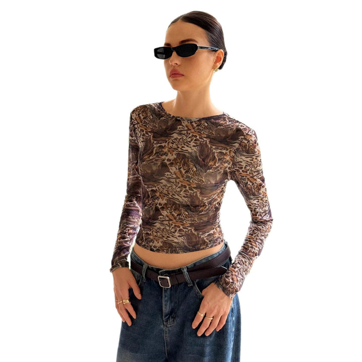 Damen nan schlanker Stretch-Longsleeve aus feinem Mesh mit abstraktem Tiermuster und tailliertem Cropped-Schnitt Drune