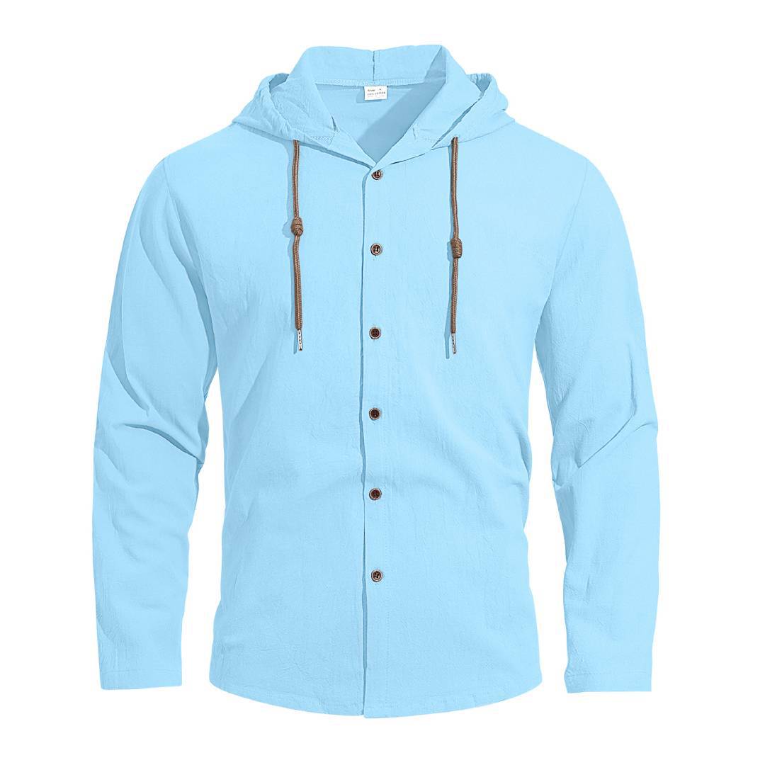 Herren nan Kapuzenhemd im Leinen-Look mit durchgehender Knopfleiste und Kordelzug Drune