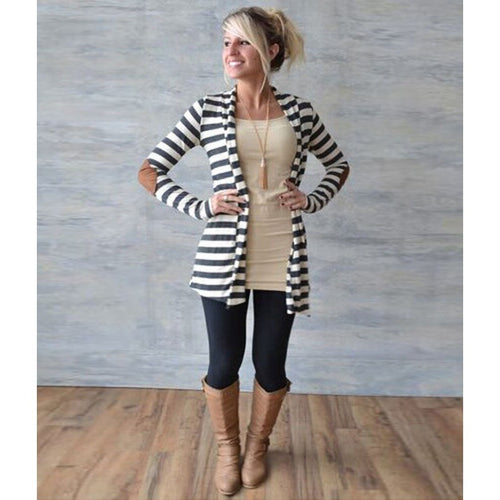 Damen Gestreifter Longcardigan mit offenem Waterfall-Schnitt und Ellbogen-Patches Drune