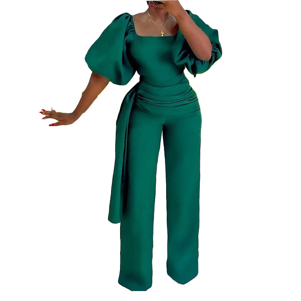 Damen Eleganter Jumpsuit mit voluminösen Puffärmeln und tailliertem Bund Drune