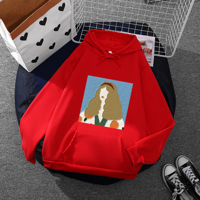 Damen nan Kapuzenpullover mit kunstvoller Chenille-Stickerei im Portraitstil und Kängurutasche Drune
