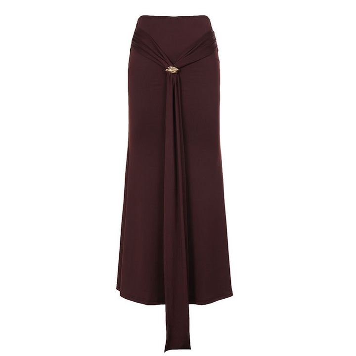 Damen Maxirock mit High‑Waist Wickeldetail, Drapée‑Vorderteil und Metallring Drune