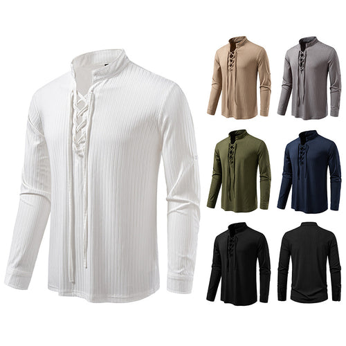 Herren Geripptes Langarm-Henleyshirt mit Schnürung und Stehkragen Drune