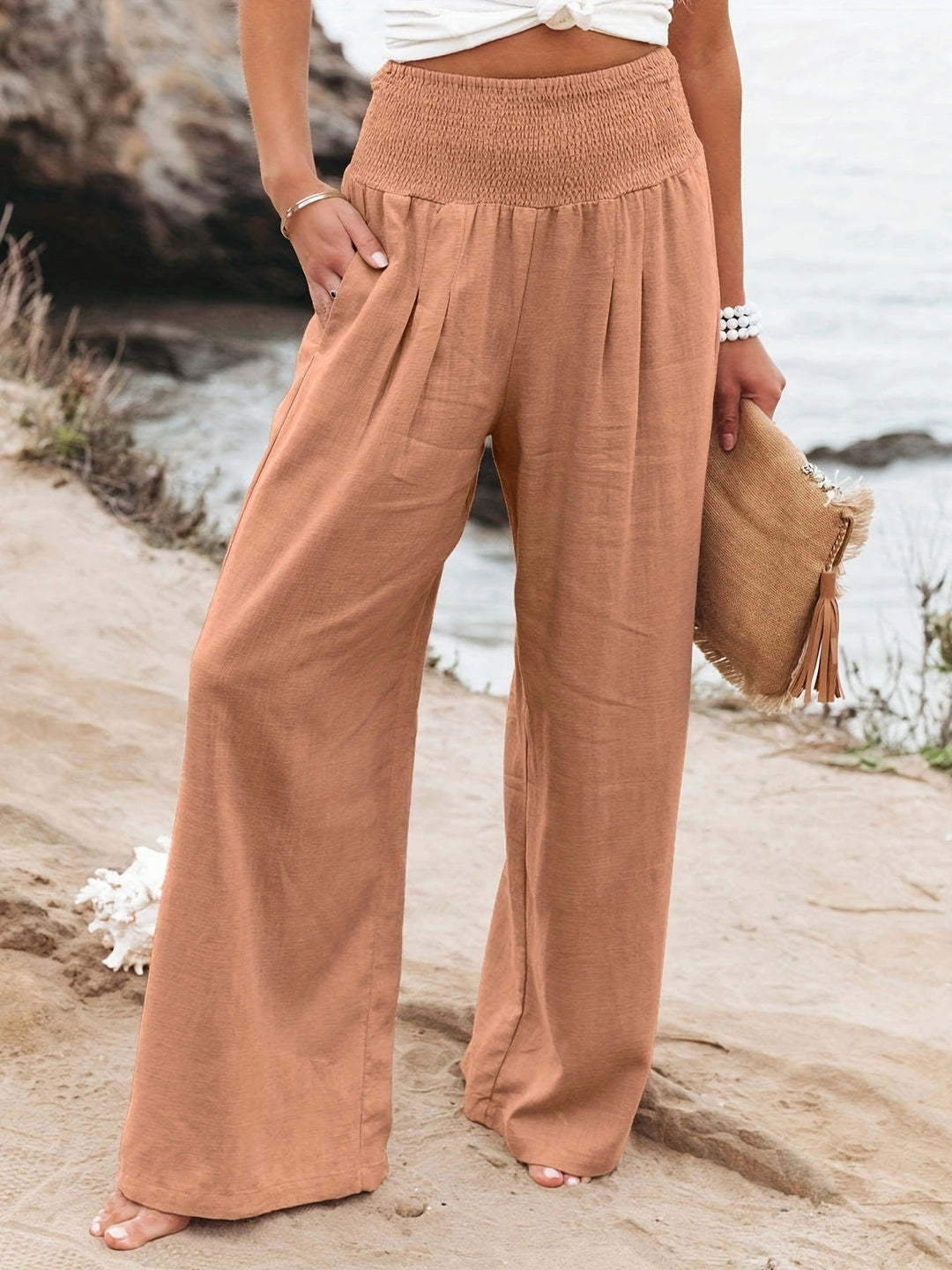 Damen Weite Leinenhose mit elastischem Bund und Falten Drune