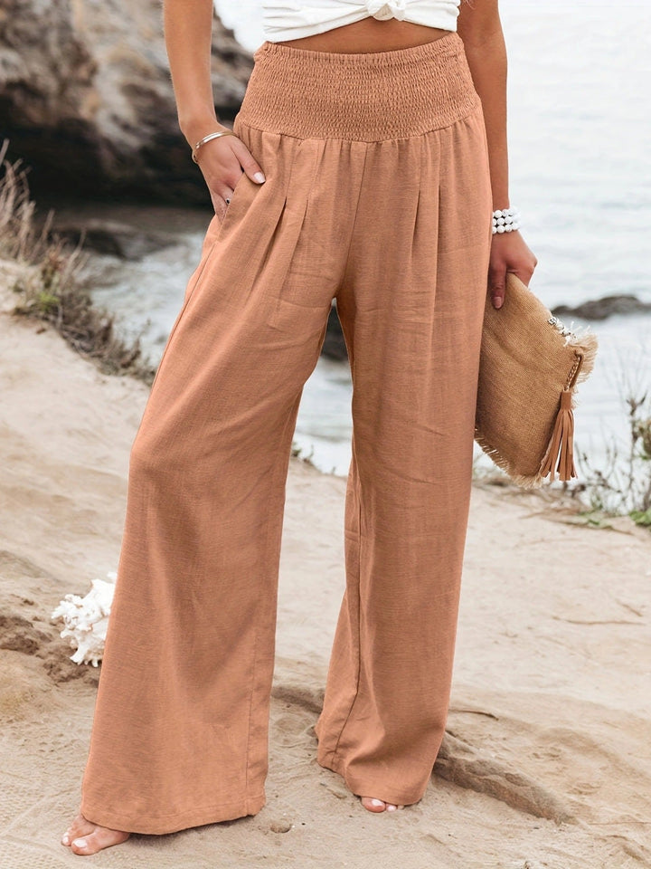 Damen Weite Leinenhose mit elastischem Bund und Falten Drune