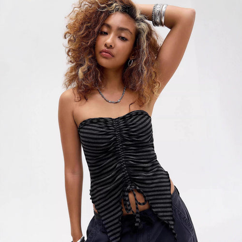 Damen gestreiftes Top mit Rüschendetails und modischem Bindeband Drune