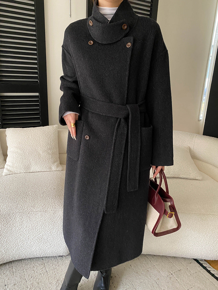 Damen eleganter Wollmantel mit doppelter Knopfleiste und Taillengürtel Drune