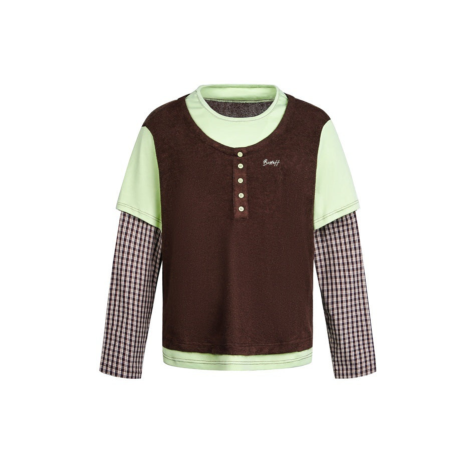 Unisex Lagenlook-Henley-Shirt mit kontrastierenden Karomanschetten und kurzem Overshirt-Effekt Drune