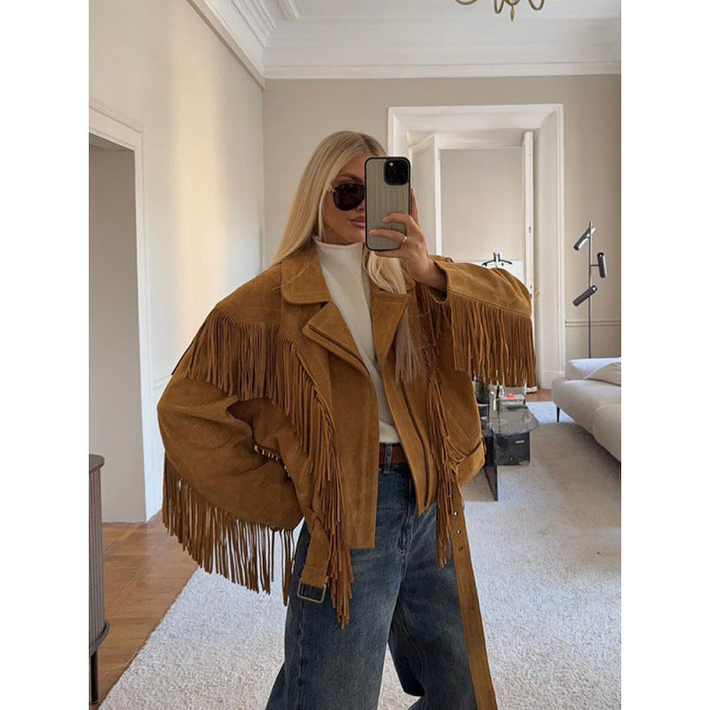 Damen Wildlederjacke mit Fransen und großzügigen Ärmeln Drune