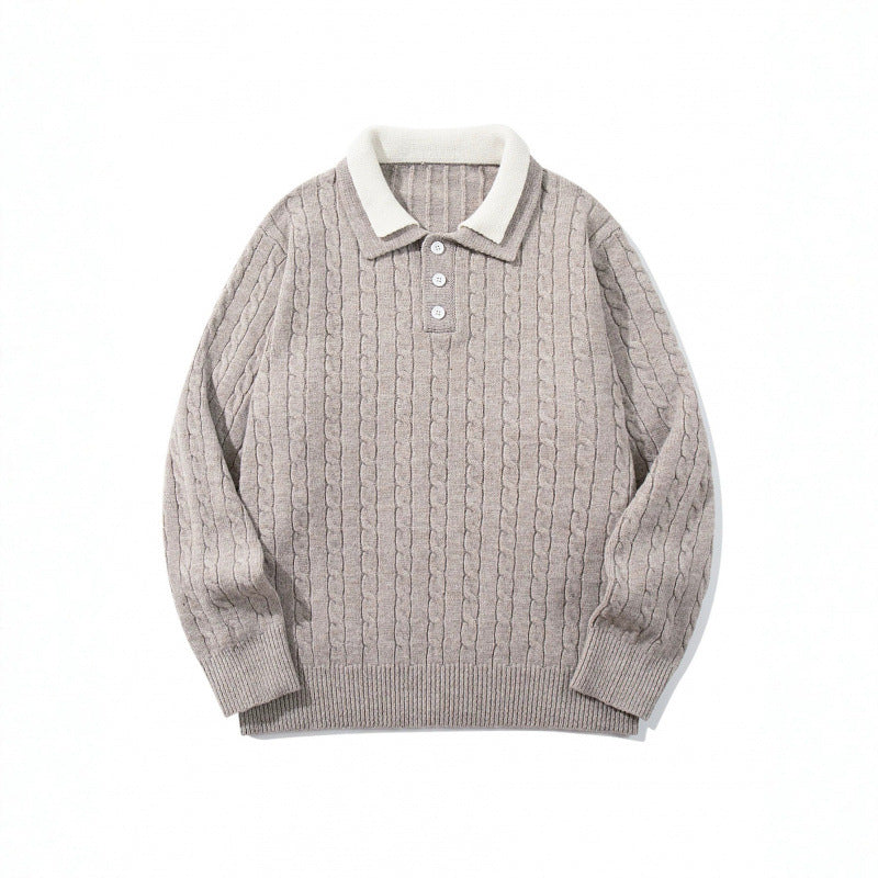 Herren Grobgestrickter Polokragen-Pullover mit Zopfmuster und Knopfleiste Drune