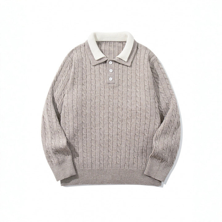 Herren Grobgestrickter Polokragen-Pullover mit Zopfmuster und Knopfleiste Drune