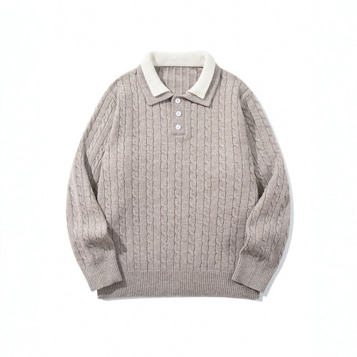Herren Grobgestrickter Polokragen-Pullover mit Zopfmuster und Knopfleiste Drune