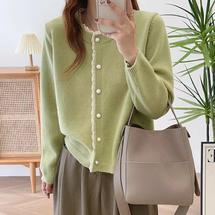 Damen Strickjacke mit Spitze und schönen Perlenknöpfen Drune