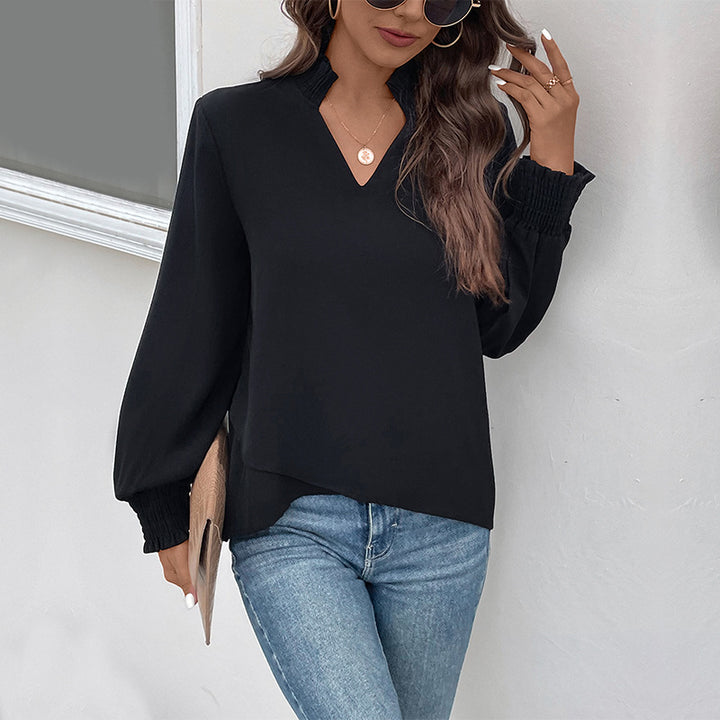Damen Leichte Viskosebluse mit gerafftem Stehkragen, V‑Ausschnitt und Smokbündchen Drune