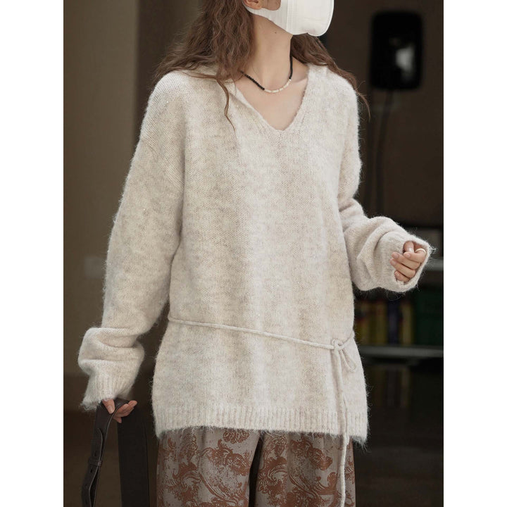 Damen Weicher Mohair‑Optik V‑Ausschnitt Pullover mit Tunnelzug‑Taillenband Drune