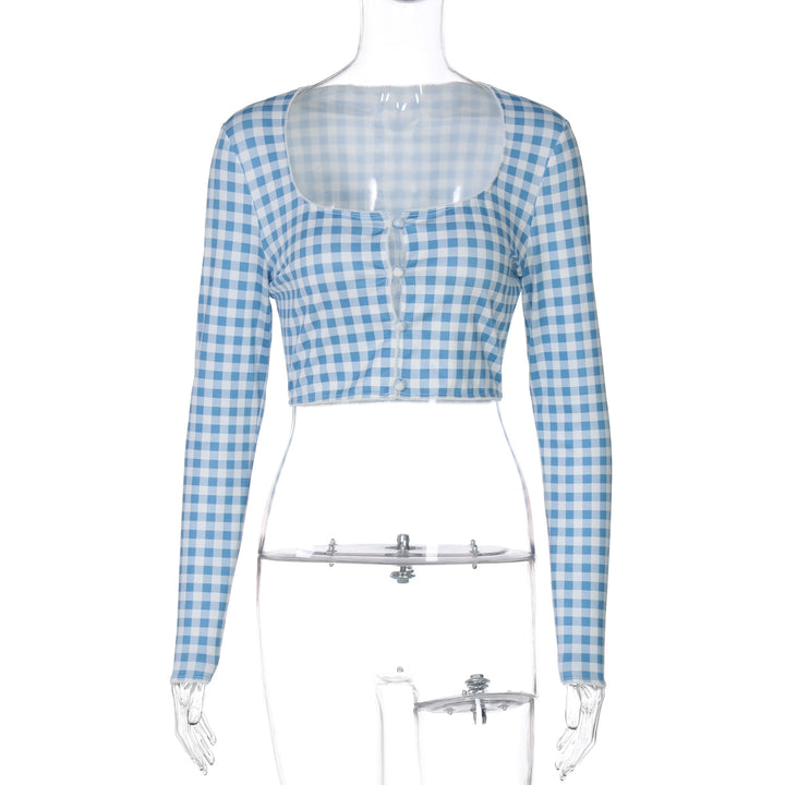 Damen cropped Langarmbluse mit Karomuster Drune