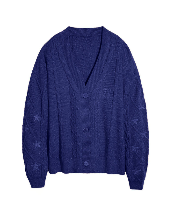 Damen nan großzügiger Grobstrick-Cardigan mit Zopfmuster, V-Ausschnitt und Sternstickereien Drune