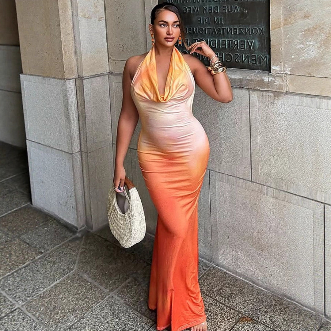 Damen Maxikleid mit schmeichelndem Watercolor-Effekt und tiefem V-Ausschnitt Drune