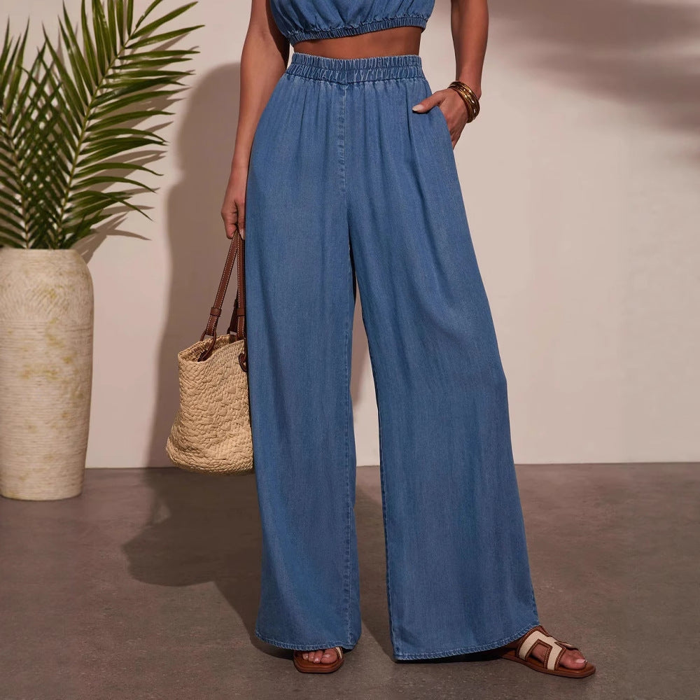 Damen Lässiges Oversized Jeans-Set mit geknotetem Oberteil und weiten Beinen Drune