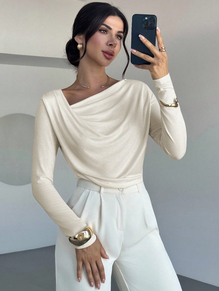 Damen elegantes drapiertes Langarm-Top mit Wasserfallkragen und taillierter Silhouette Drune
