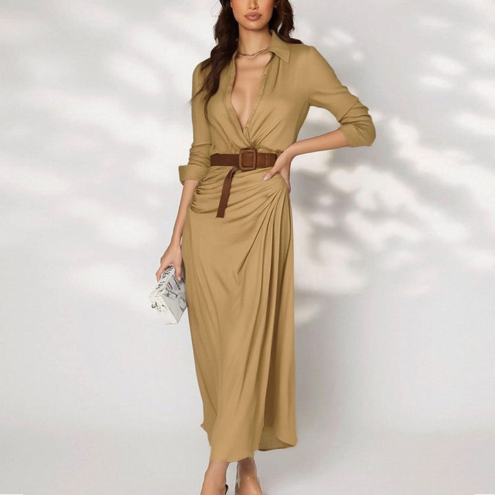 Damen Maxi-Kleid mit tiefem V-Ausschnitt und taillierenden Details Drune