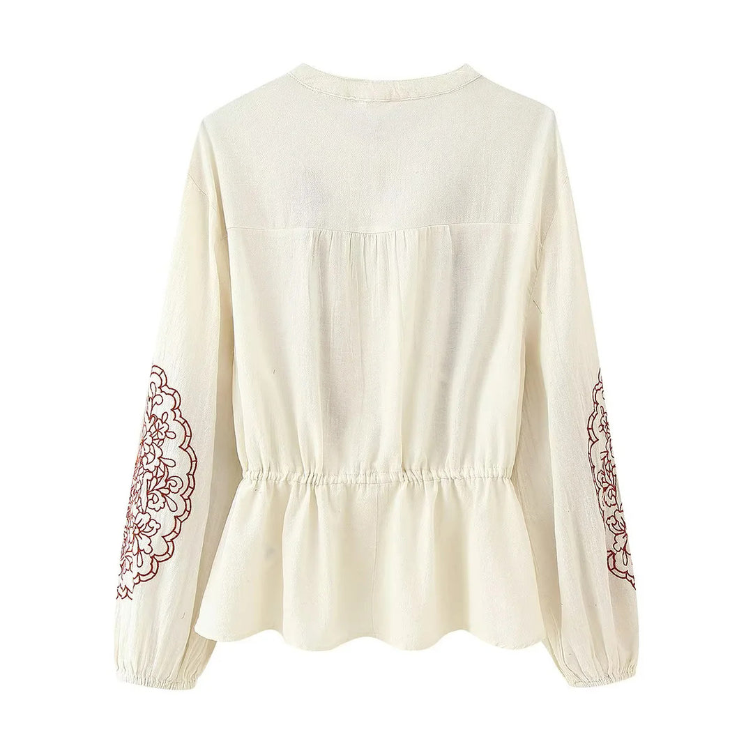 Damen nan bestickte Boho-Bluse mit Tunnelzugtaillierung, Spitzenbesatz und Volantbund Drune
