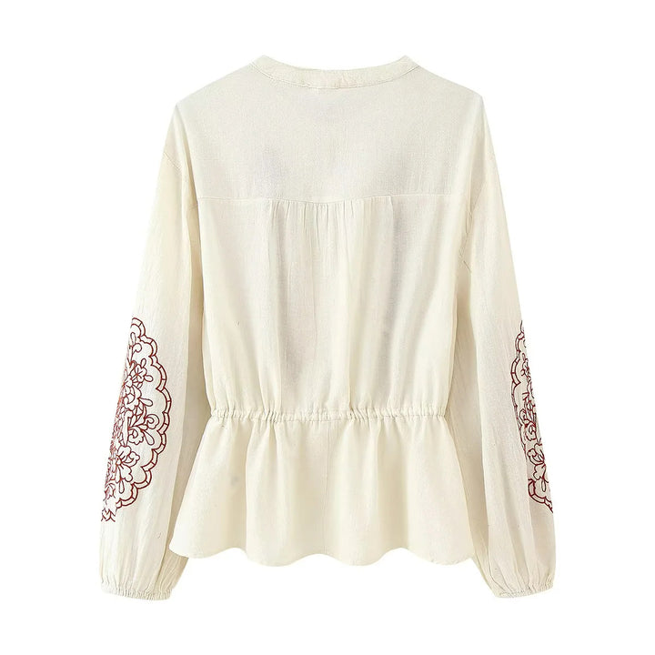 Damen nan bestickte Boho-Bluse mit Tunnelzugtaillierung, Spitzenbesatz und Volantbund Drune