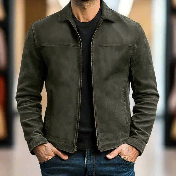 Herren Vintage Velourslederjacke mit schmaler Passform und Reißverschluss Drune