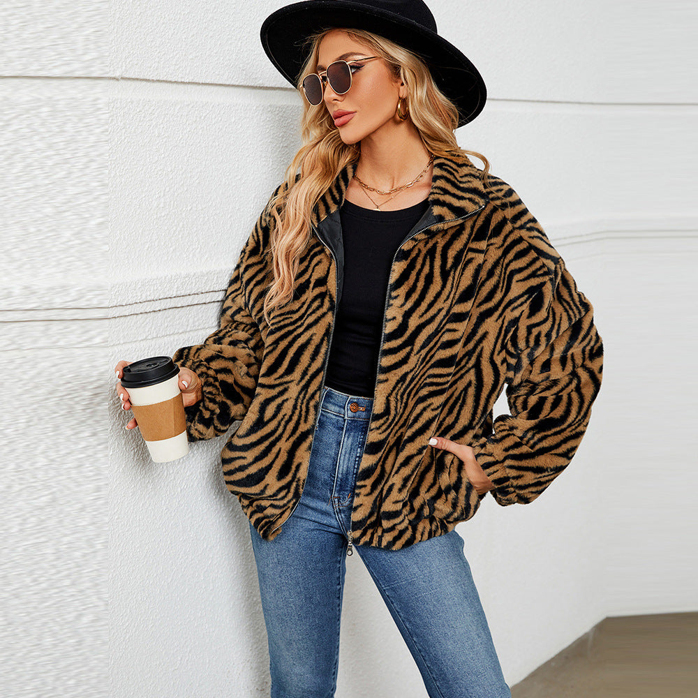 Damen Fleece-Jacke mit Zebra-Muster Drune