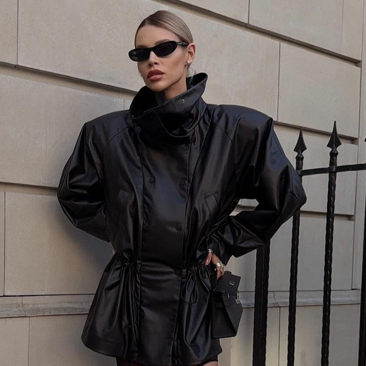 Damen Kunstlederjacke mit modischem Oversized-Schnitt und taillierbarem Gürtel Drune