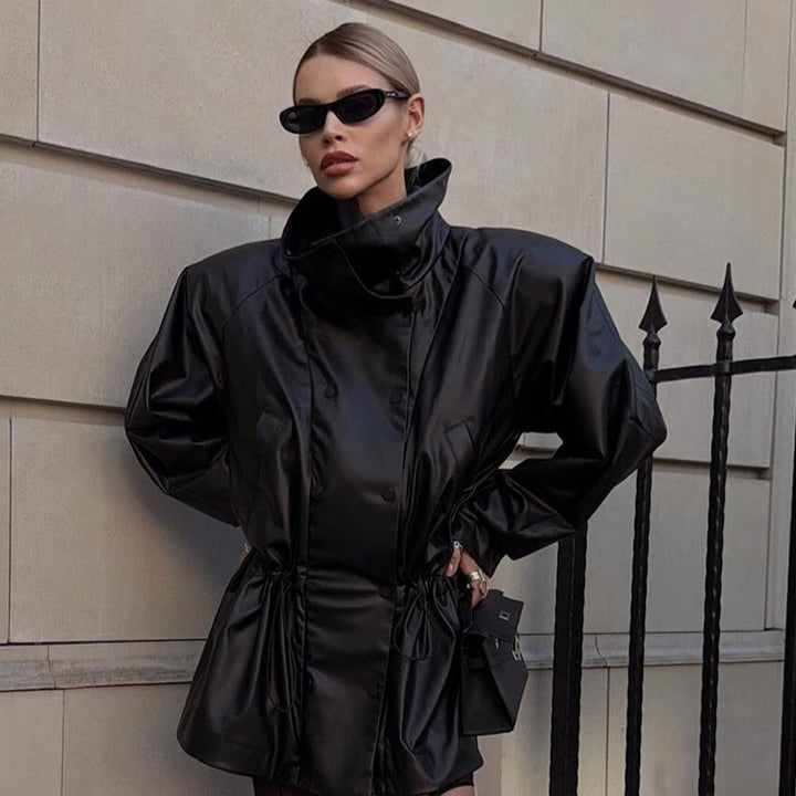 Damen Kunstlederjacke mit modischem Oversized-Schnitt und taillierbarem Gürtel Drune