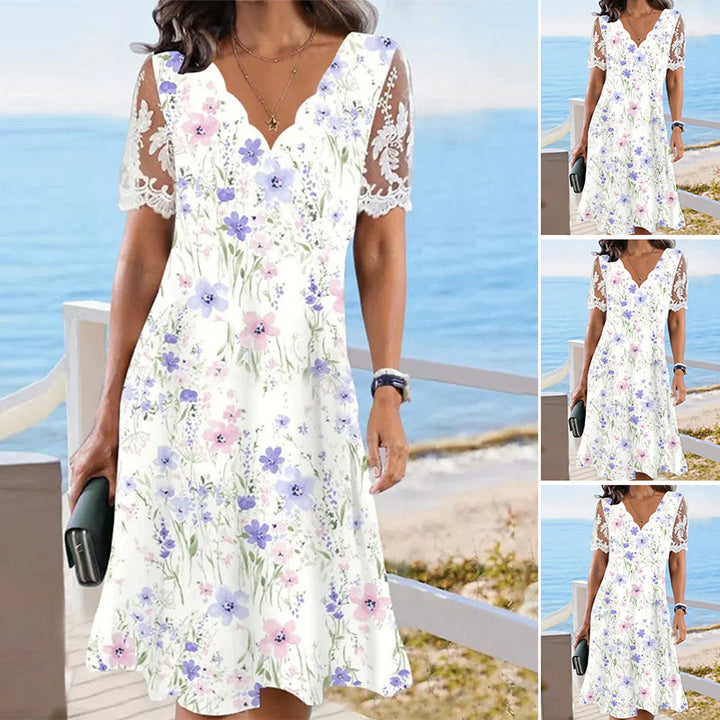 Damen nan fließendes Midi-Strandkleid mit gewelltem V-Ausschnitt und transparenten Spitzenärmeln Drune
