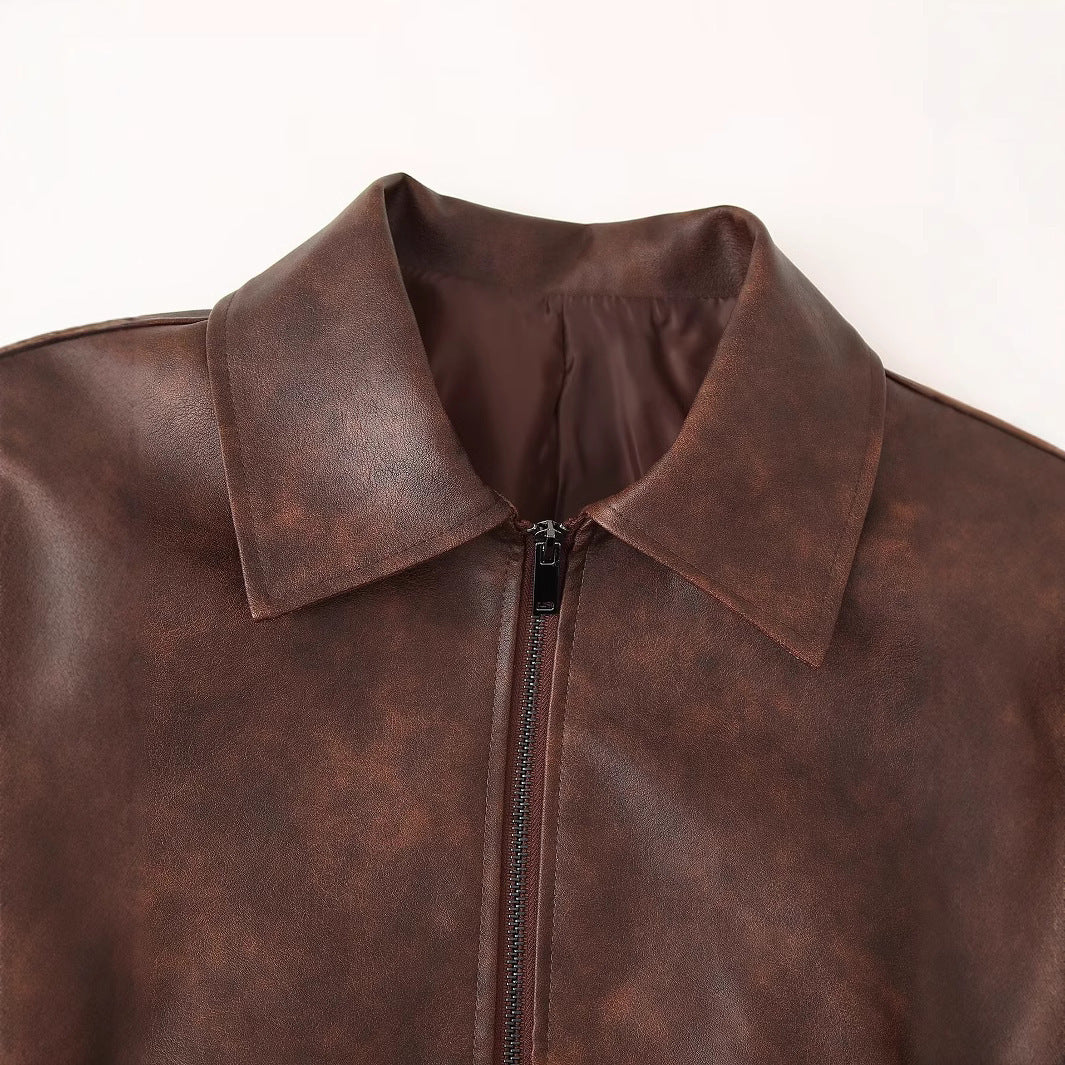 Damen cropped Kunstlederjacke mit stylischem Stehkragen und Reißverschlusstaschen Drune