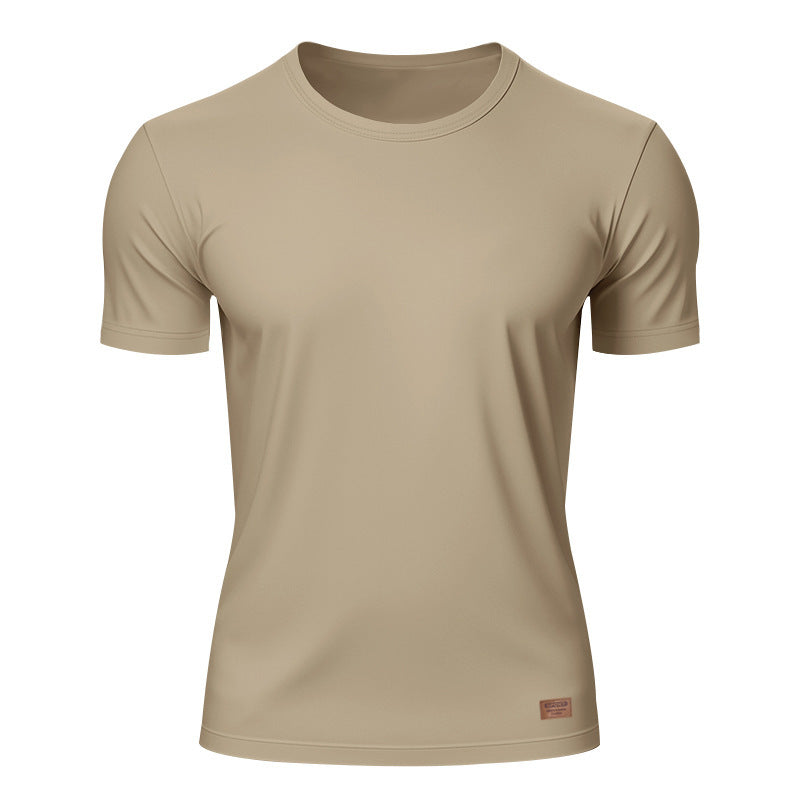 Herren nan schlankes Rundhals-T-Shirt aus glattem Stretchjersey mit dezenter Leder-Logoapplikation Drune