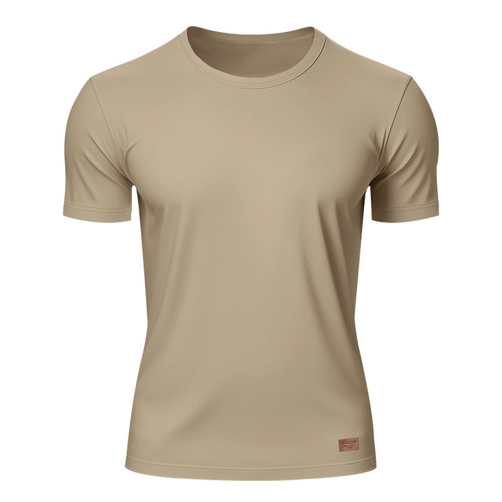 Herren nan schlankes Rundhals-T-Shirt aus glattem Stretchjersey mit dezenter Leder-Logoapplikation Drune