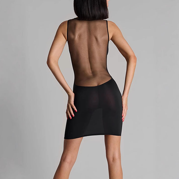 Damen figurbetontes Minikleid mit tiefem V-Ausschnitt und transparentem Mesh-Einsatz Drune