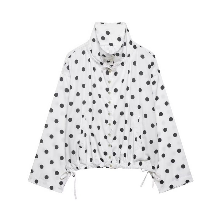 Damen Leichte Oversize-Polka-Dot Windjacke mit Stehkragen, Knopfleiste und Kordelzug Drune