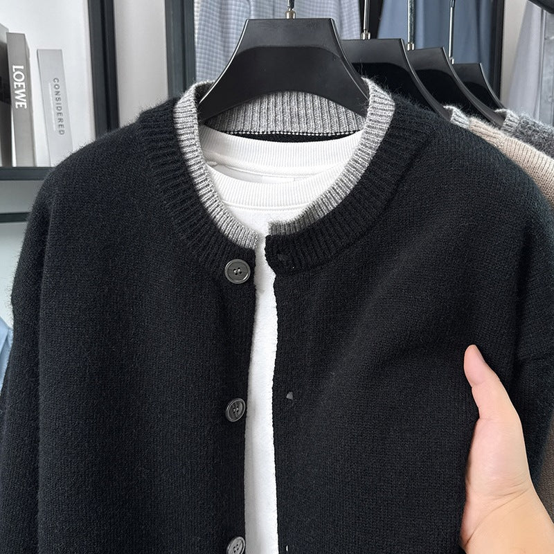 Damen Kurze Strickjacke mit Kontrastkragen und Knopfleiste Drune