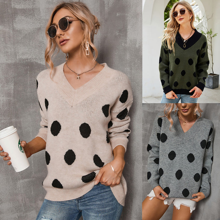 Damen modischer Pullover mit tiefem V-Ausschnitt und grafischem Punktdesign Drune