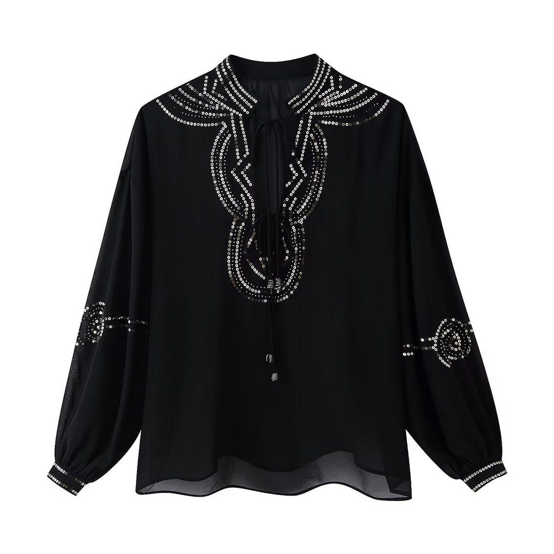 Damen Chiffonbluse mit Paillettenbesatz, Ballonärmeln und Bindekragen Drune