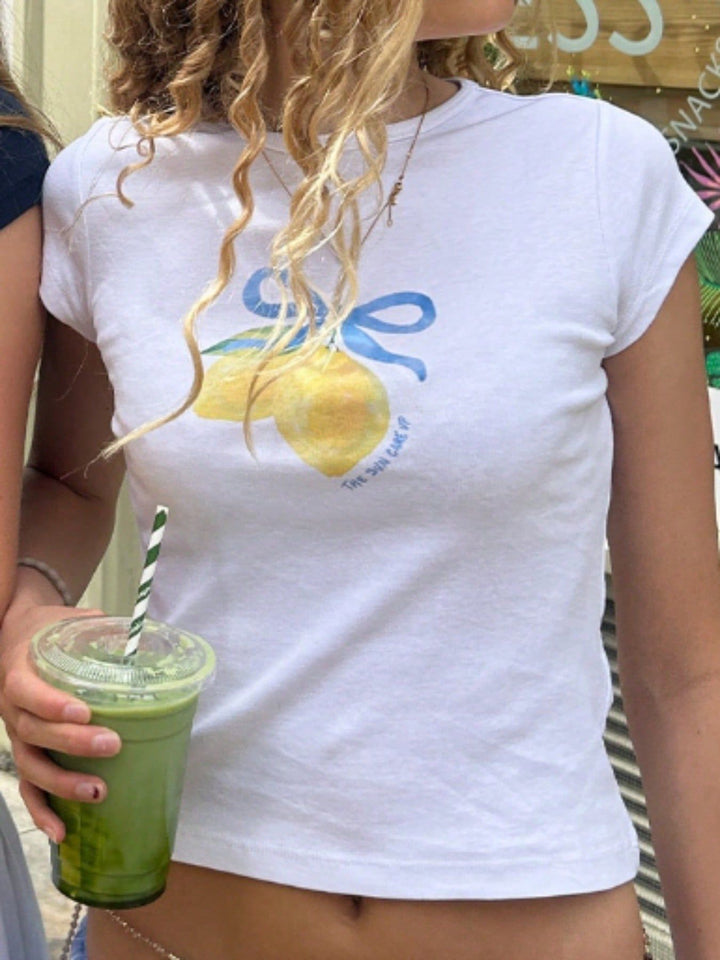 Damen Crop-T-Shirt mit kreativem Früchte-Design und figurbetontem Schnitt Drune