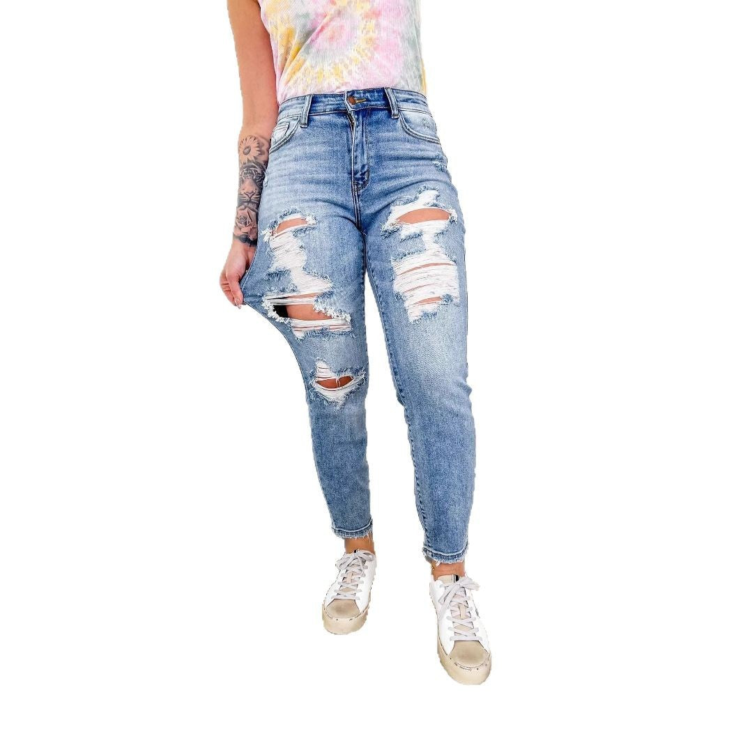 Damen High-Waist Destroyed Jeans im Boyfriend-Stil Drune