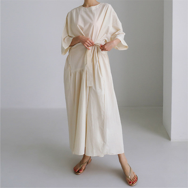 Damen Langes Baumwoll-Maxikleid mit Wickelgürtel und Eingrifftaschen Drune