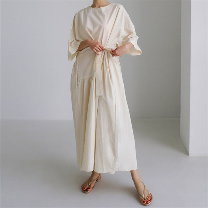 Damen Langes Baumwoll-Maxikleid mit Wickelgürtel und Eingrifftaschen Drune